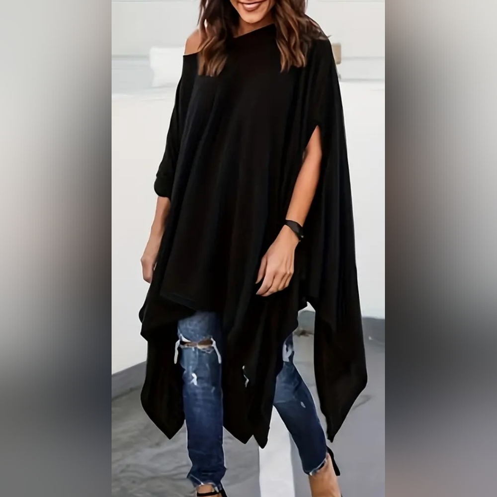 Black Boho Irregular Hem Poncho Blouse